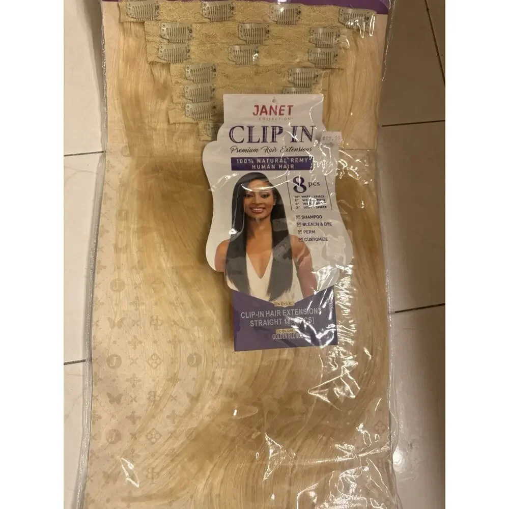 Janet Collection 100% Human Hair Clip-In Extensions 18” 8PC Golden Blonde New